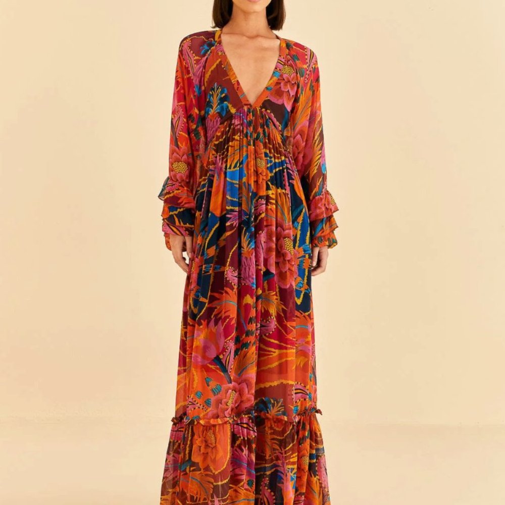 Farm Rio Anthropologie Retro Floral Long Sleeve Maxi Dress NWT